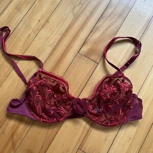 Vtg Maison Lejaby Burgundy Lace Floral Sheer Balconette Bra 34B